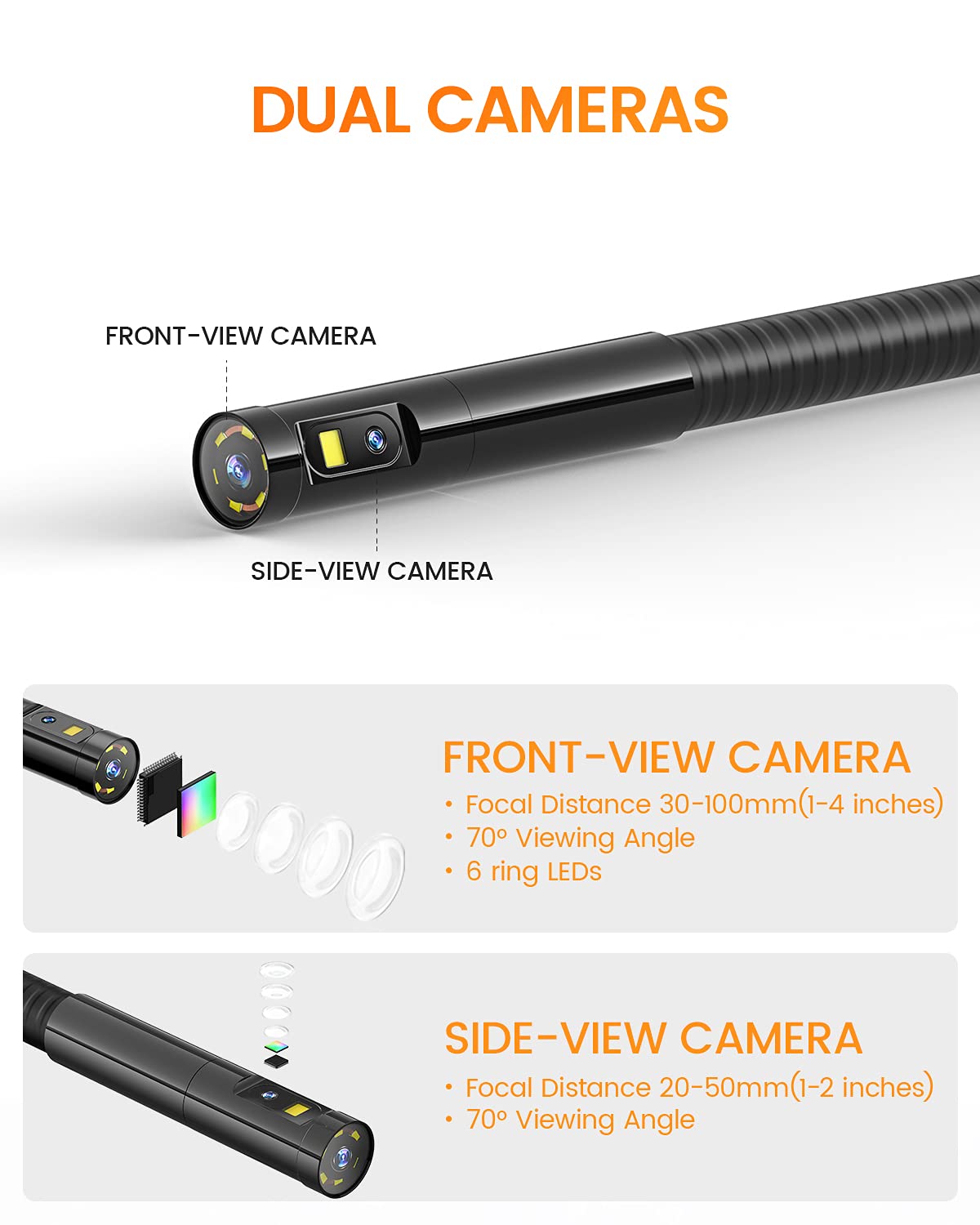 Dual Lens Inspection Camera with 5 IPS Screen and 16.4ft Flexible Probe G686