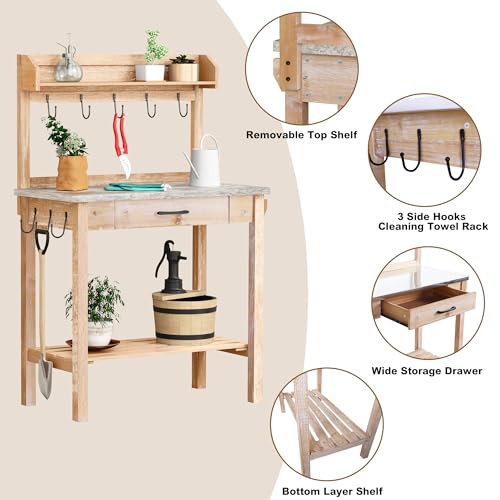 Outdoor Potting Bench Table with Storage Drawer and Removable Shelf Rack Q10160
