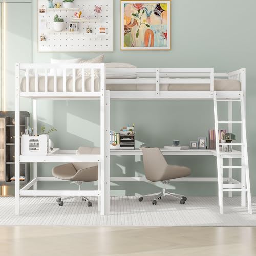 White L-Shaped Wood Twin Size Loft Bed with Desk and Ladder E869048