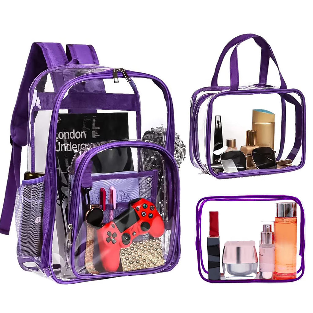 Purple 3pcs Waterproof Clear PVC Backpack Set with Reinforced Padded Straps L87351