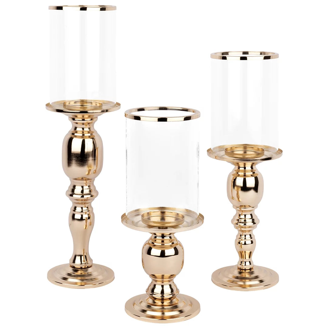Copper Pillar Candle Holders With Hurricane Glass, Set of 3 T32688