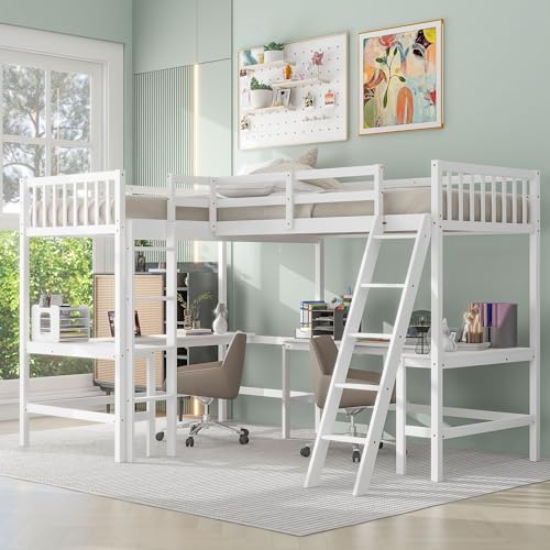 White L-Shaped Wood Twin Size Loft Bed with Desk and Ladder E869048