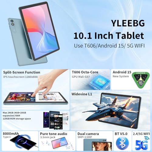 Android 15 Tablet with Keyboard, 26GB+256GB, 10.1 Inch, 8000 mAh, 5G WiFi, Dual Camera, 2 in 1, Black F2848