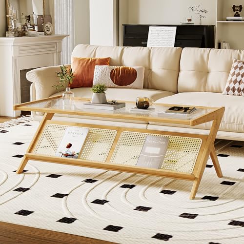 Mid-Century Modern Coffee Table with Glass Top Rattan Storage Q851314