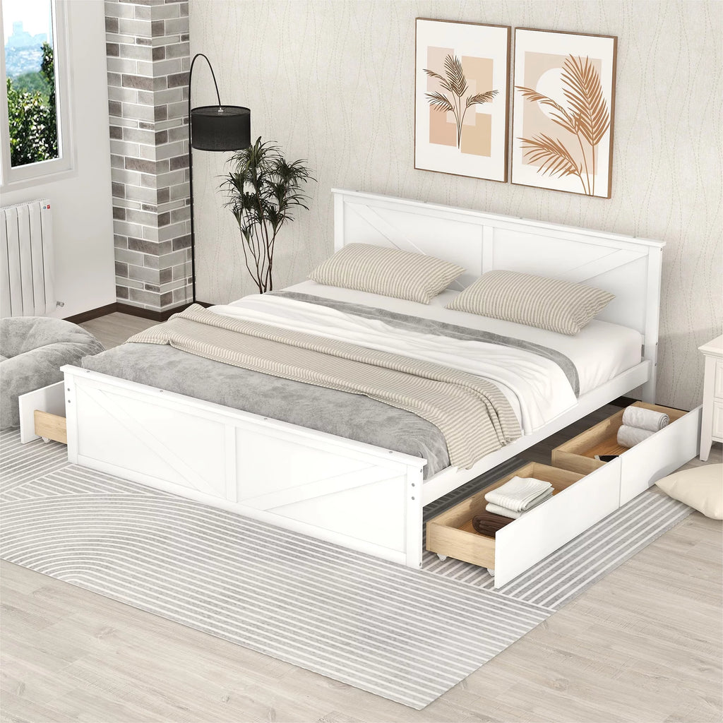 White King Size Wood Bed Frame with Storage Drawers B45872