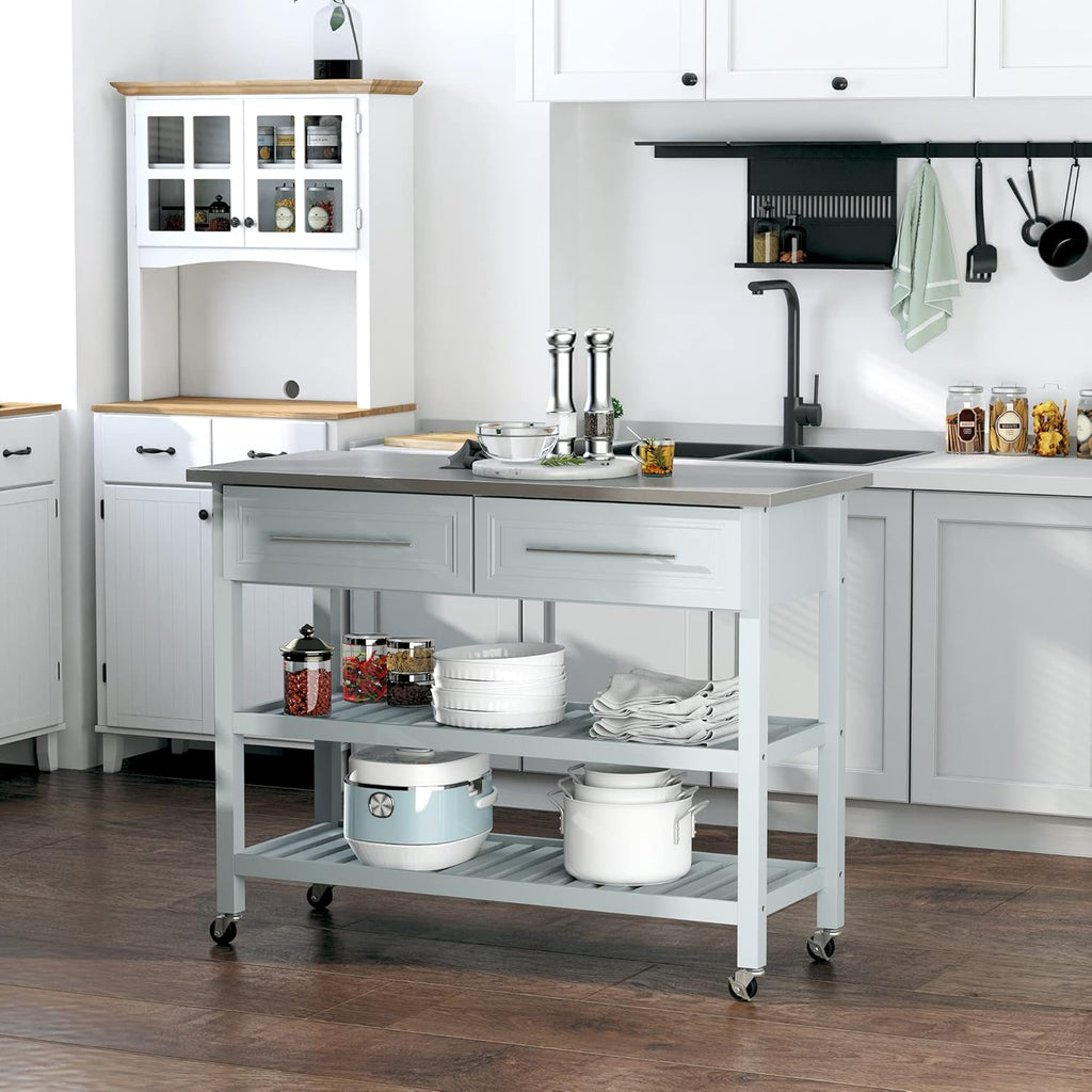 Grey Stainless Steel Top Rolling Utility Cart with Drawers and Shelves X46277