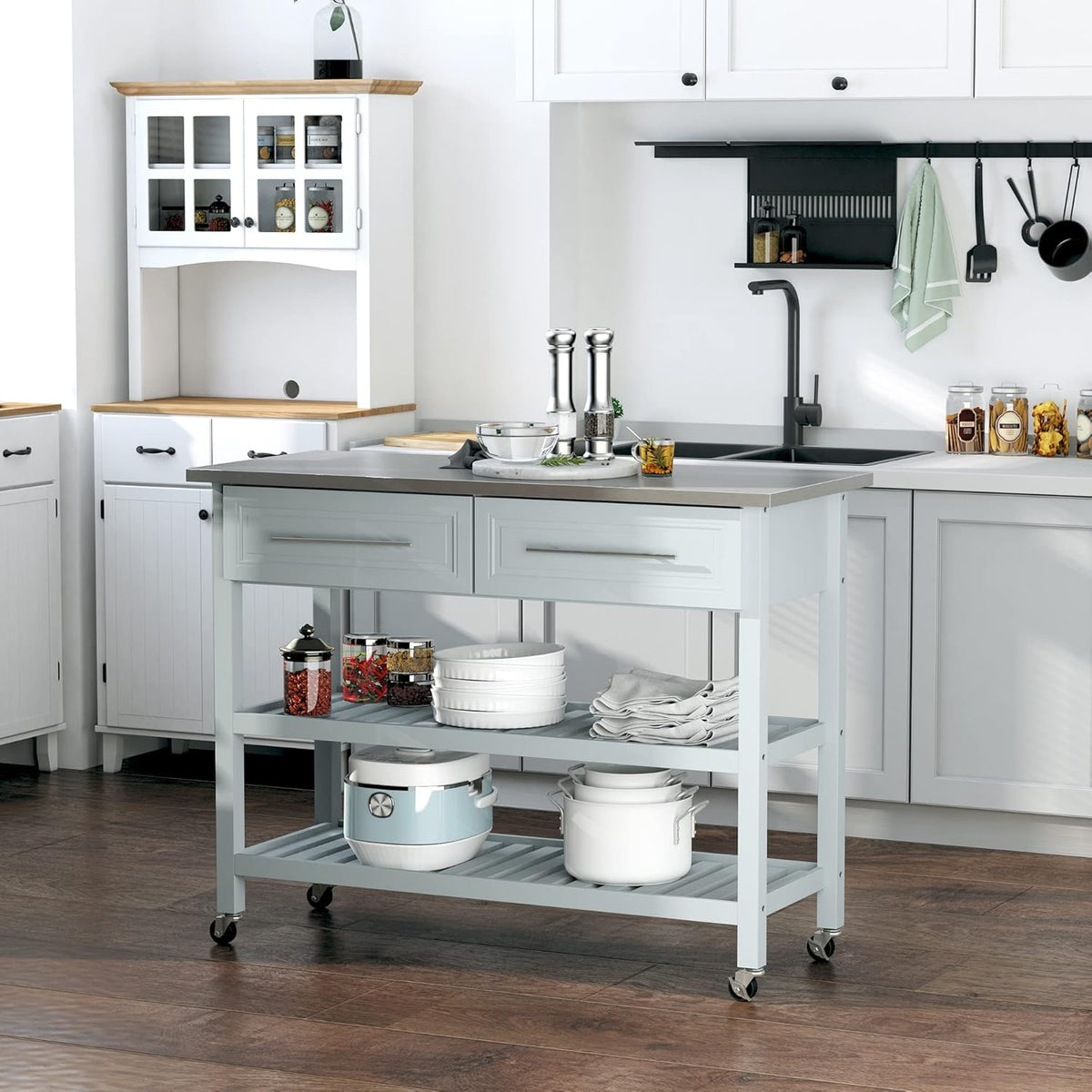 Grey Stainless Steel Top Rolling Utility Cart with Drawers and Shelves X46277