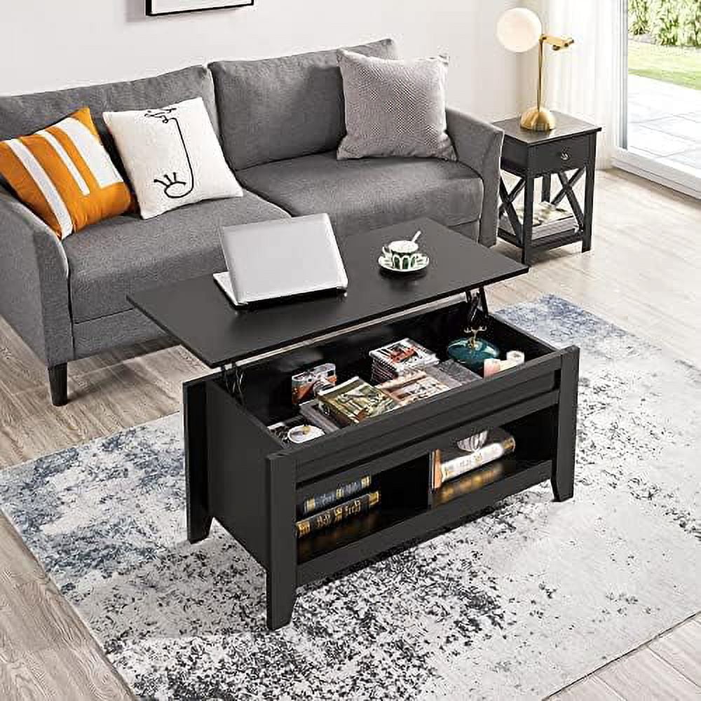 Black Wood Lift Up Coffee Table with Hidden Storage and 2 Open Shelves W485346