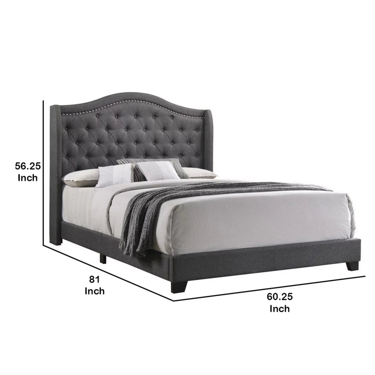 Gray Fabric Upholstered Wood Full Bed with Camelback Headboard X300789