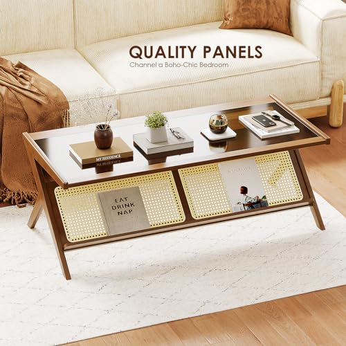 Mid-Century Modern Coffee Table with Glass Top Rattan Storage Q851314