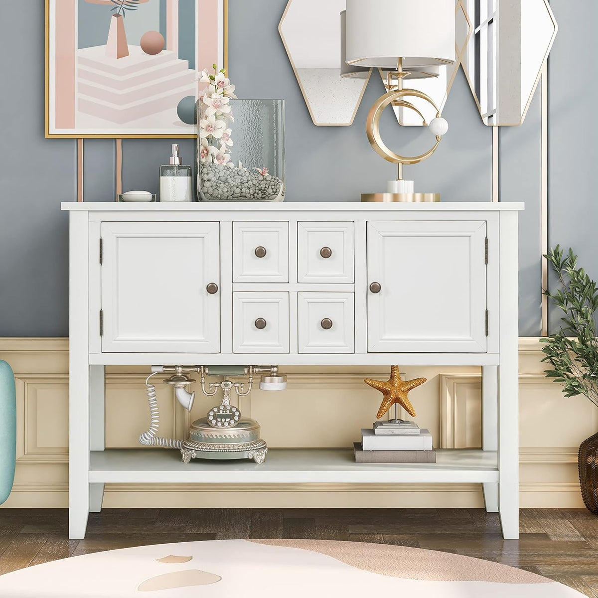Solid Wood Console Table with 3 Drawers, 2 Cabinet and 1 Shelf P719
