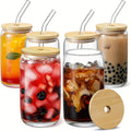 16oz Can Shaped Drinking Glasses with Bamboo Lids and Glass Straws K502