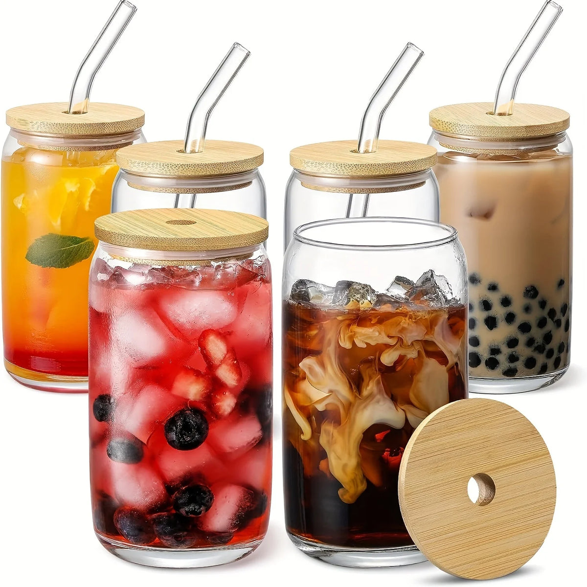 16oz Can Shaped Drinking Glasses with Bamboo Lids and Glass Straws K502