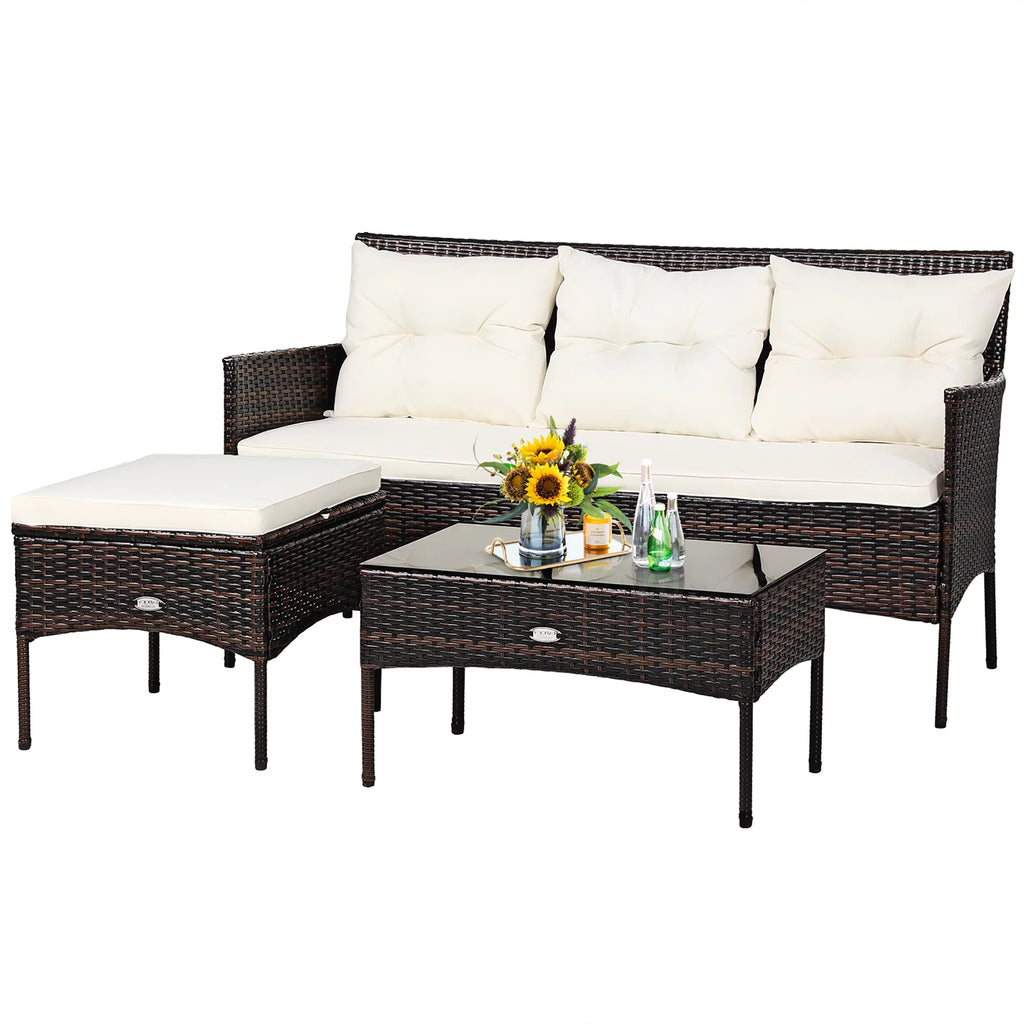 3 Pc Cushioned Patio Rattan Sofa Set G7951