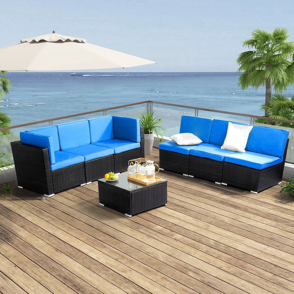 Blue and Black PE Rattan Patio Sectional Set with Table P34956