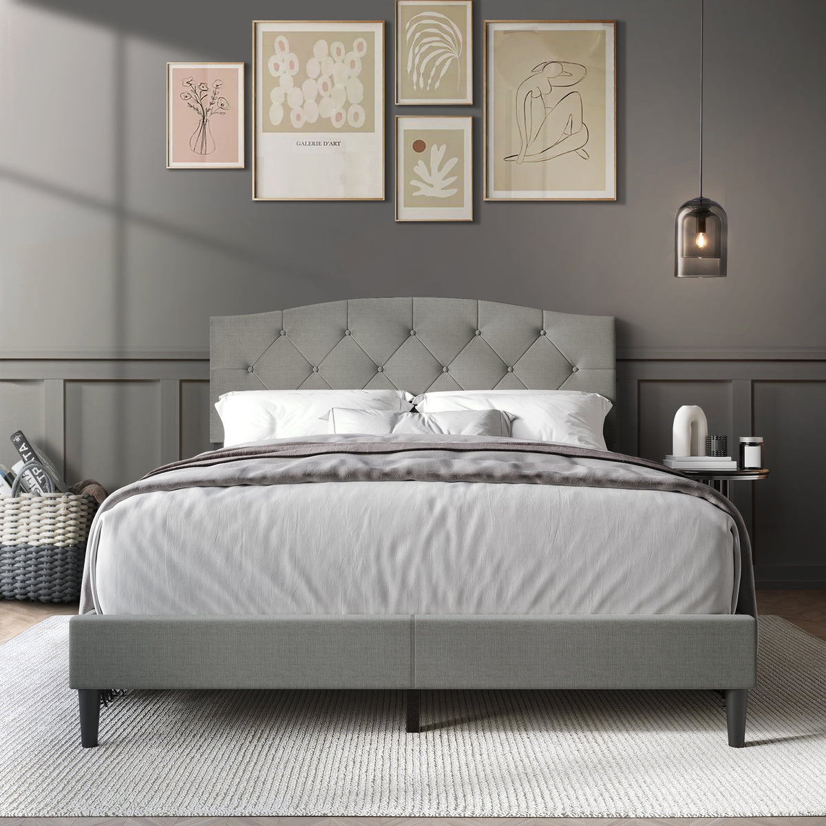 Beige Linen Upholstered Platform Bed V3864
