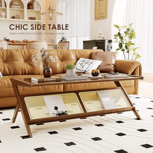 Mid-Century Modern Coffee Table with Glass Top Rattan Storage Q851314