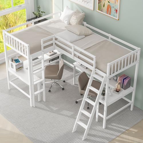 White L-Shaped Wood Twin Size Loft Bed with Desk and Ladder E869048