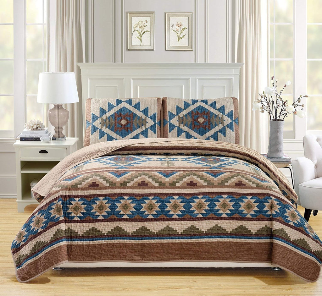 Oversized Bedspread Quilt Set in Beige Taupe Brown Blue Green (Full/Queen) J991