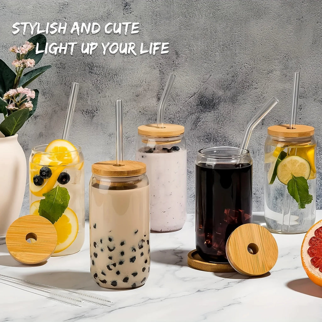 16oz Can Shaped Drinking Glasses with Bamboo Lids and Glass Straws K502
