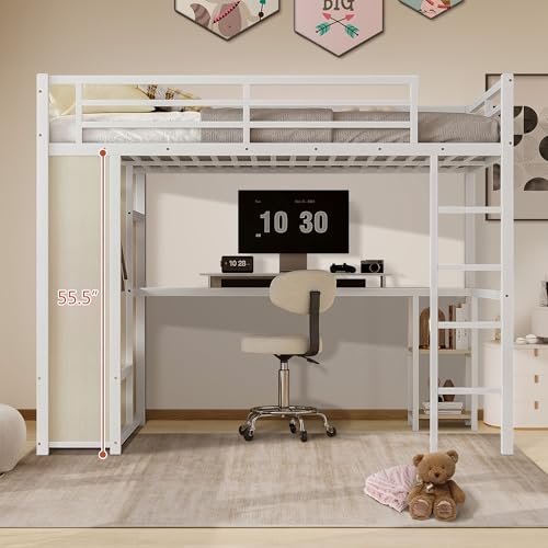Queen Heavy Duty Metal Loft Bed with L-Shaped Desk, Wardrobe & 5 Storage Shelves X92616