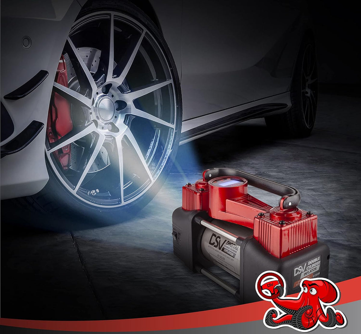 Portable Heavy Duty Double Cylinder Car Air Compressor Digital Tire Inflator, 12V 150PSI Air Pump with Auto Shut Off, LED Light, Extension Hose B9932