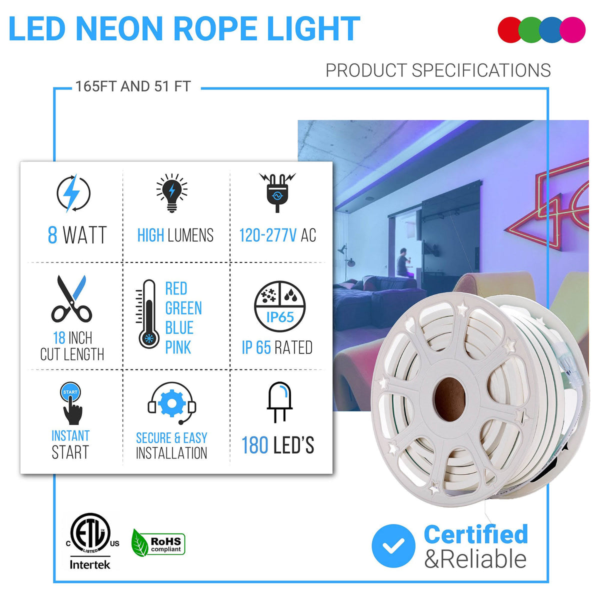 Blue LED Neon Rope Light, 51ft, IP65 V200085