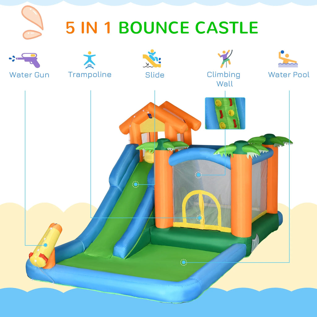Inflatable Water Park with Blower, 6-in-1 Water Slide Jumping Castle D19318
