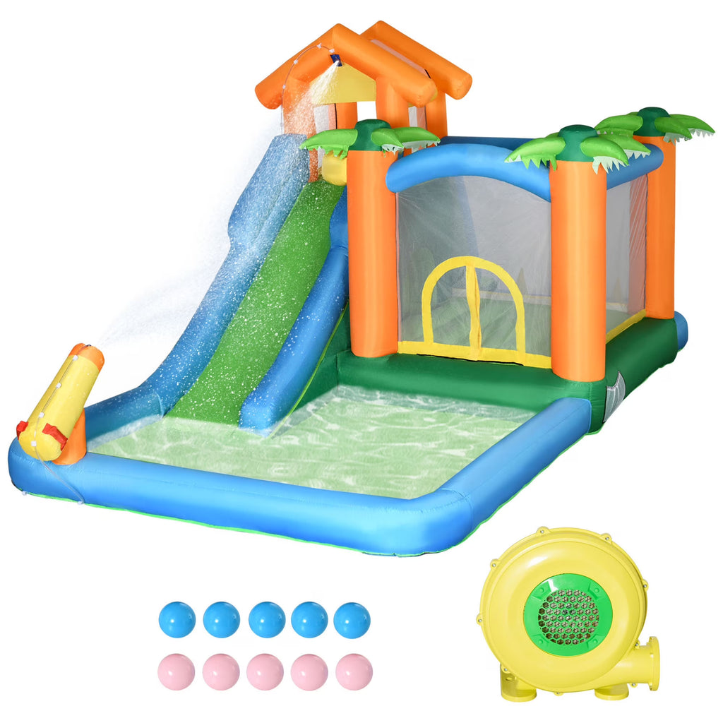 Inflatable Water Park with Blower, 6-in-1 Water Slide Jumping Castle D19318