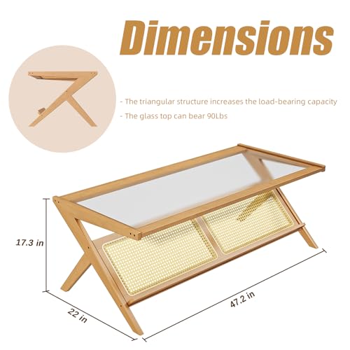 Mid-Century Modern Coffee Table with Glass Top Rattan Storage Q851314