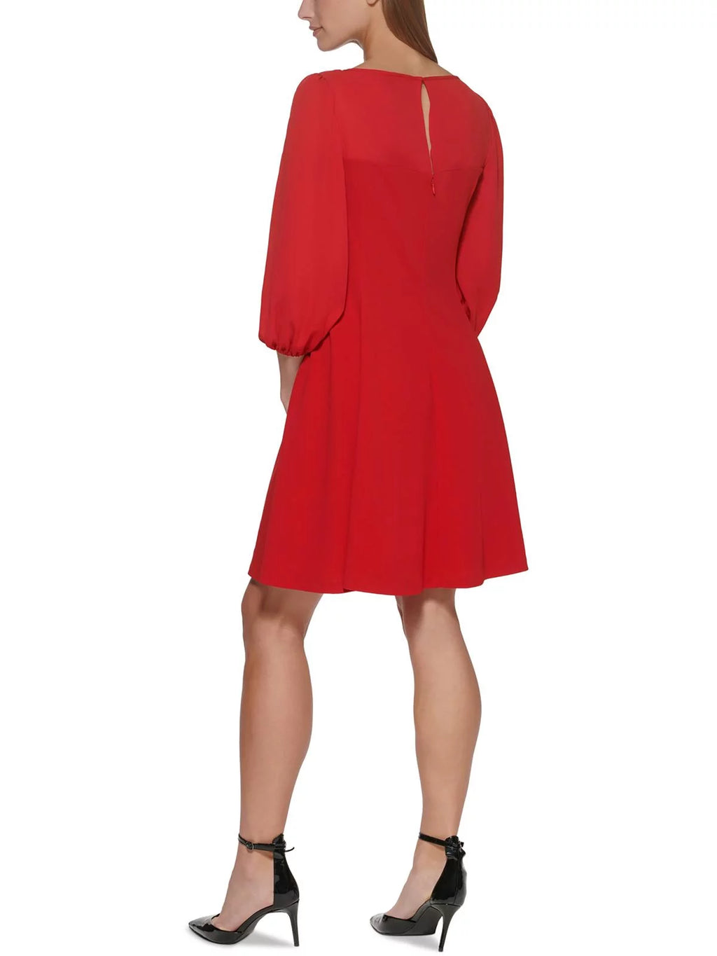 Red Sheer Unlined Pouf Sleeve Round Neck Fit + Flare Dress Z57866