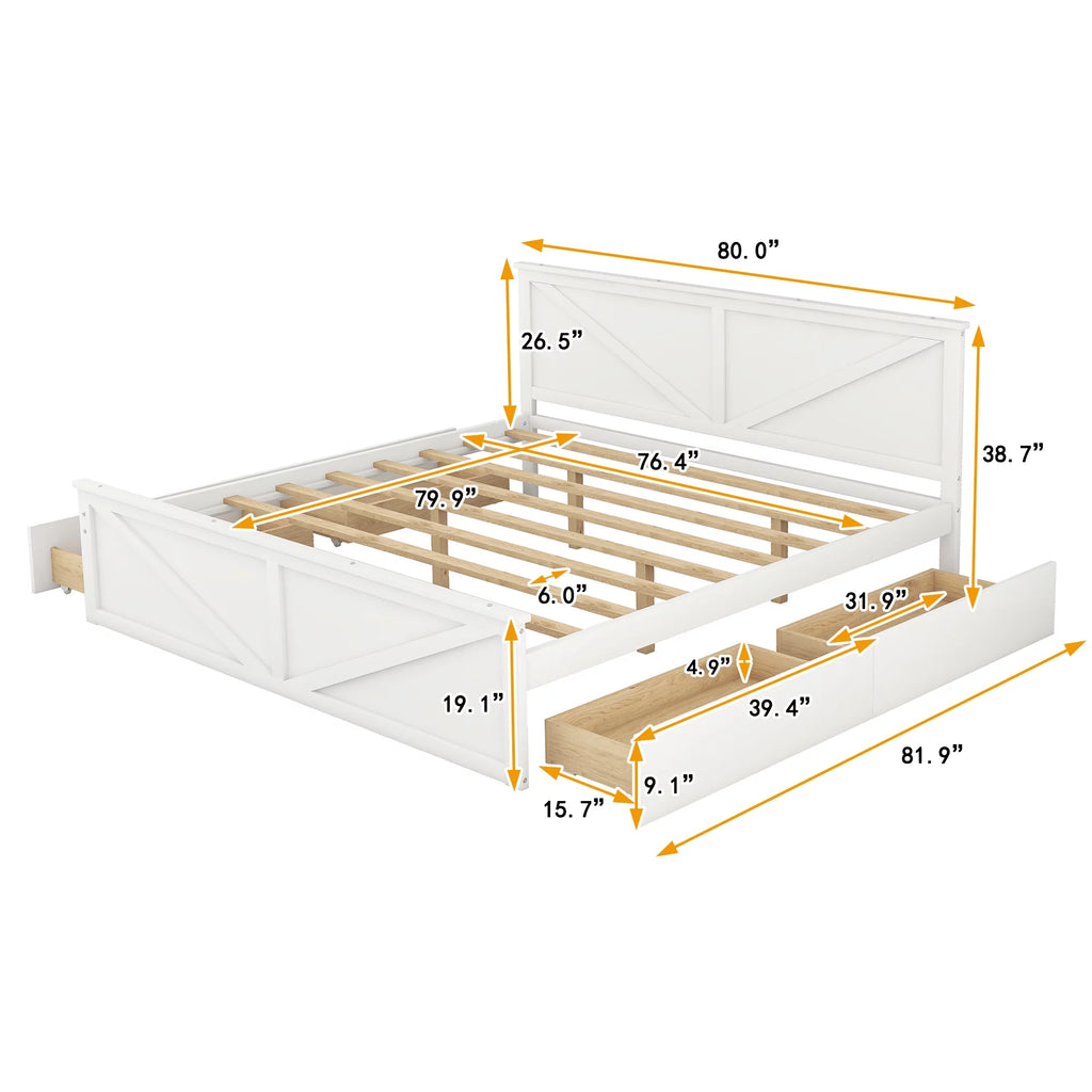 White King Size Wood Bed Frame with Storage Drawers B45872