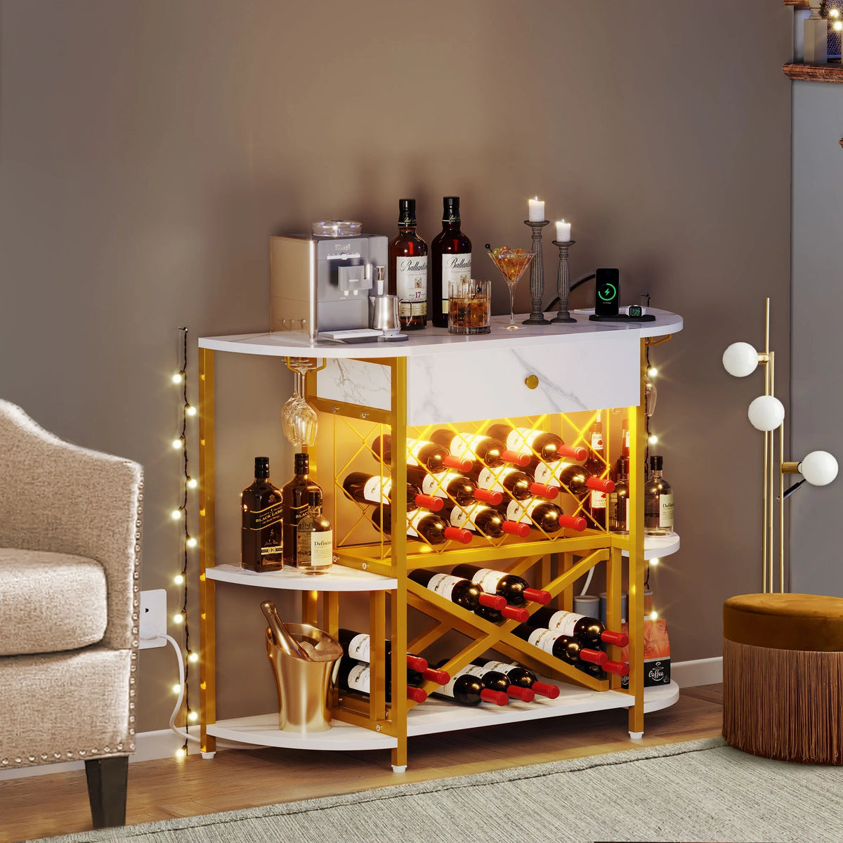 3-Tier Wine Cabinet with LED Lights and Power Outlets T5980